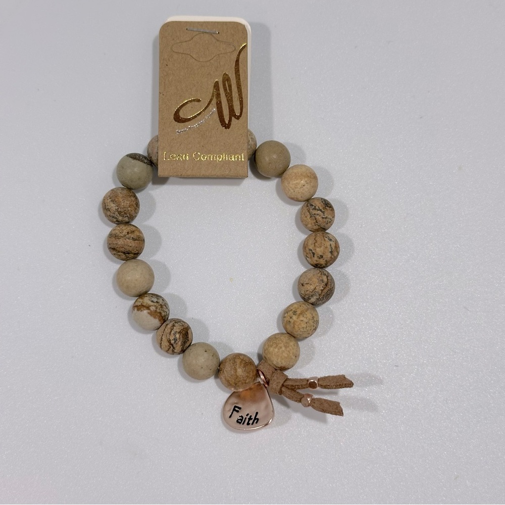 Semi-Precious Stone Beaded Faith Charm Stretch Bracelet Inspirational New Gift